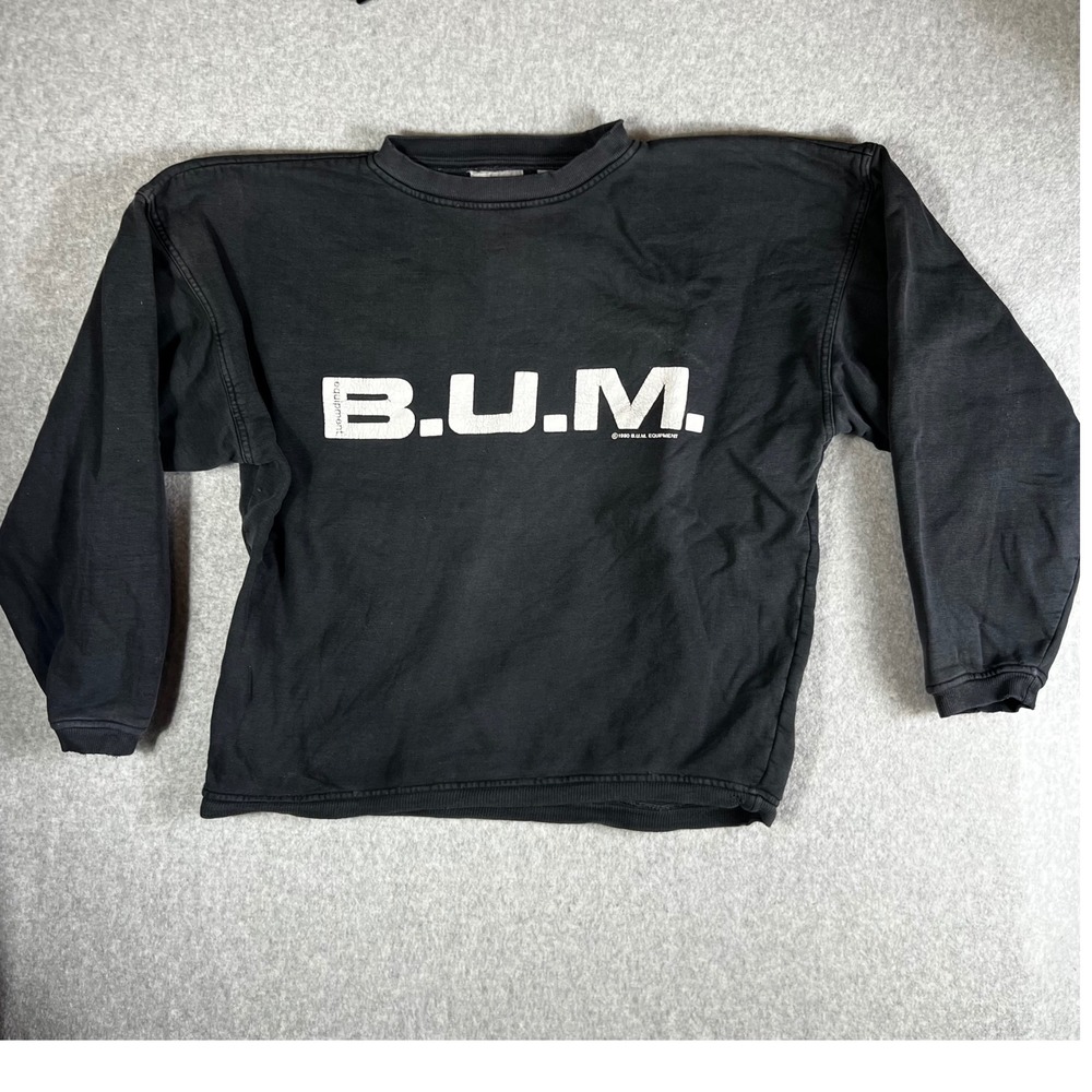 Vtg 1990 B.U.M. Equipment Sweatshirt S Black Distressed Boxy 90s Grunge Cropped